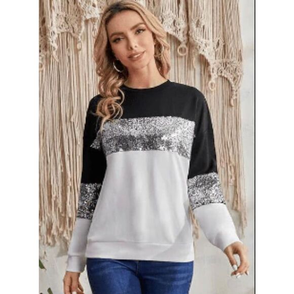Sequin Striped Detail Sweatshirt - Picture 1 of 6